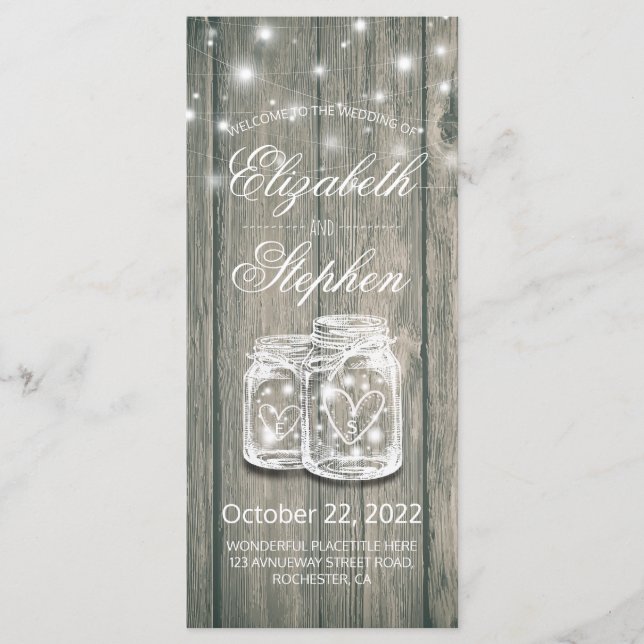 Hochzeitsprogramm Rustic Wood Mason Jar String Lig Programm (Vorderseite)