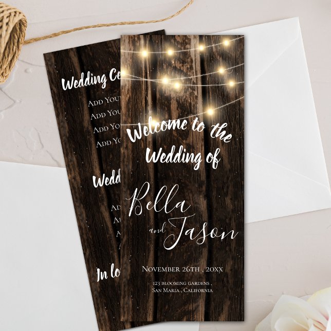 Hochzeitsprogramm | Rustikales Holz mit Streichleu Einladung (Wedding Program | Rustic Wood With String Lights)