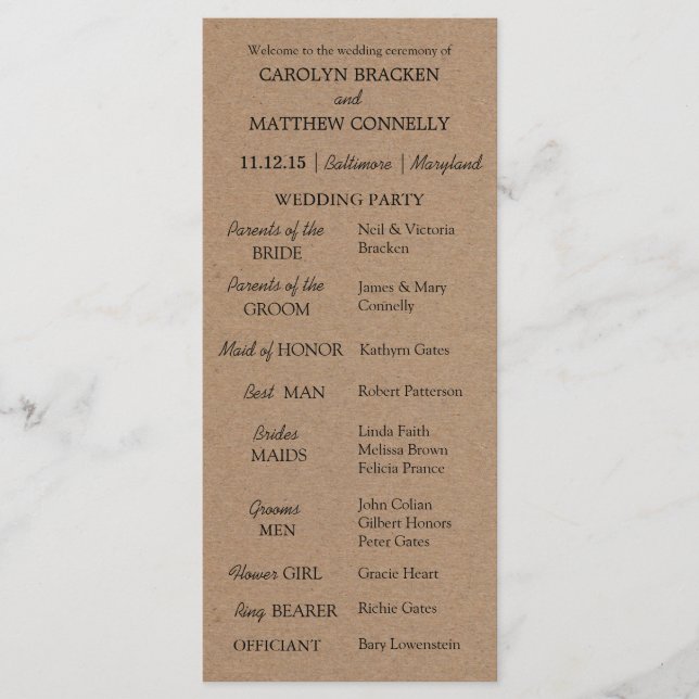 Hochzeitsprogramm | Rustikales Kraftpapier Programm (Vorderseite)
