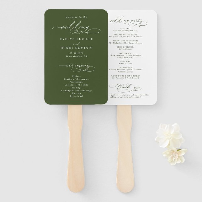 Hochzeitsprogramm Schriftzug Oliven Grün Kalligraf Fächer (Vorne und Hinten)