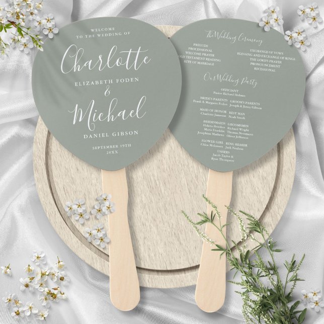 Hochzeitsprogramm Signature Script Sage Green Fächer (Signature Script Sage Green Wedding Program Hand Fan)