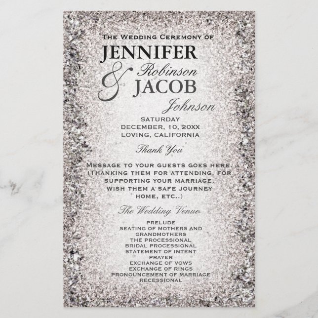 Hochzeitsprogramm | Silver Glitzer Look (Vorderseite)