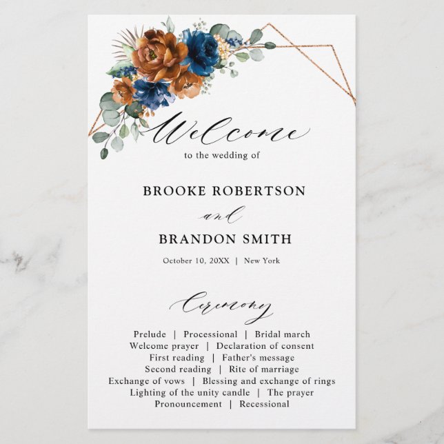 Hochzeitsprogramm Terracotta Navy Blue Greenerity (Vorderseite)
