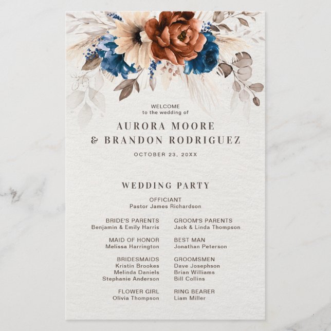 Hochzeitsprogramm Terracotta Navy Blue Pampas Gras (Vorderseite)