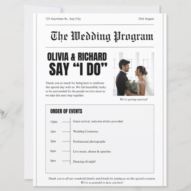 Hochzeitsprogramm – Titelseite im Zeitungstil (Vorderseite)