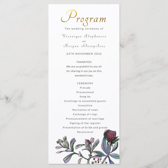 Hochzeitsprogramm tropisches Blattgold Blumenschri Programm (Vorderseite)