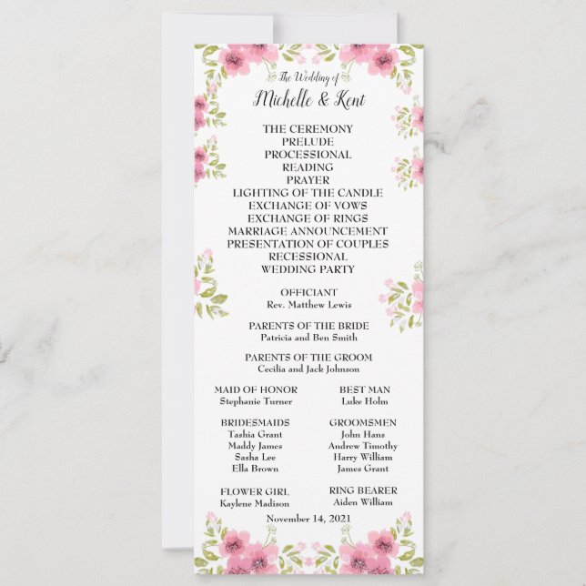 Hochzeitsprogramm und Menü für Wasserfarben Rosa A Einladung (Vorderseite)