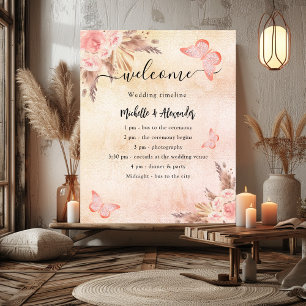 Hochzeitsprogramm Zeitplan mit rosa Pampas-Rosen-B Poster