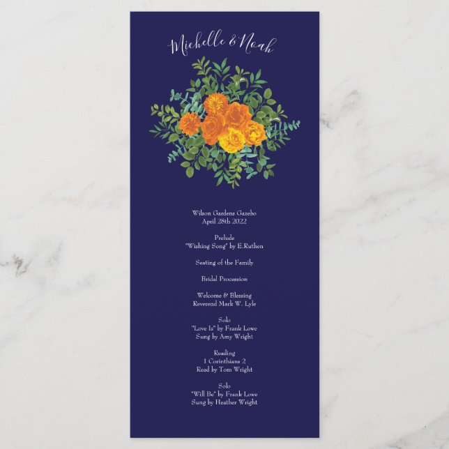 Hochzeitsprogramme der Orange Navy Blue Peony Rose Menükarte (Vorderseite)