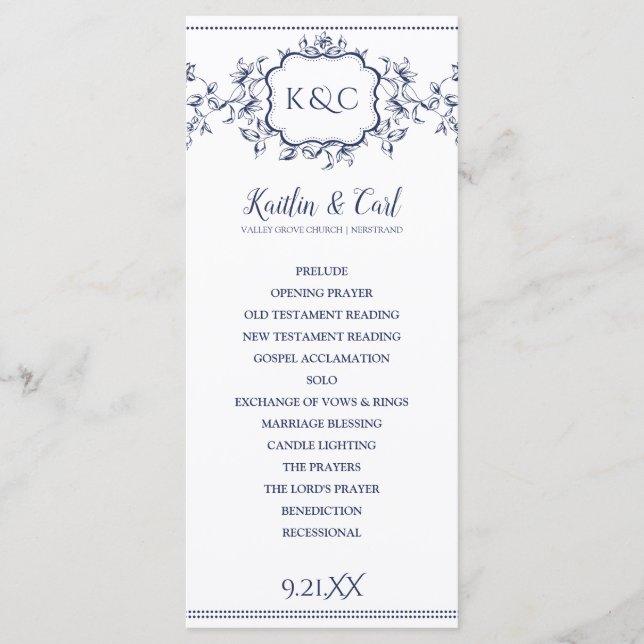 Hochzeitsprogramme - Elegante marine blaue Reben Programm (Vorderseite)
