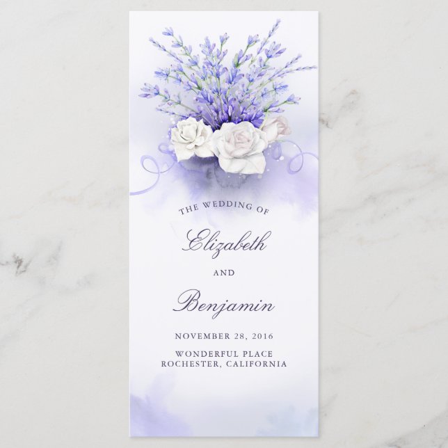 Hochzeitsprogramme für Lavendel und Weiße Rosen Programm (Vorderseite)