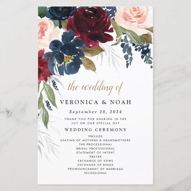Hochzeitsprogramme für Navy Blue Burgundy Blush Pi (Vorderseite)