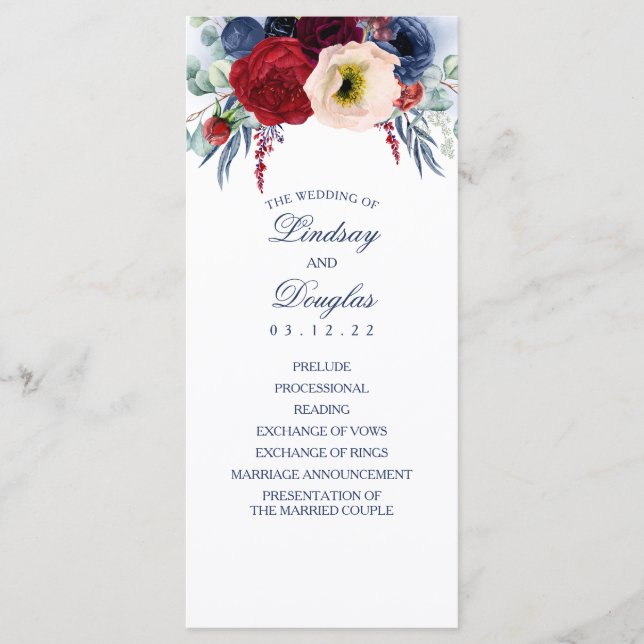 Hochzeitsprogramme für Navy Blue und Burgund Red F Programm (Vorderseite)