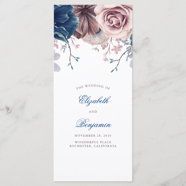 Hochzeitsprogramme für Navy Blue und Mauve Floral Programm (Vorderseite)