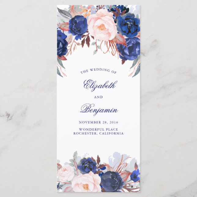 Hochzeitsprogramme für Navy Floral Watercolor Programm (Vorderseite)