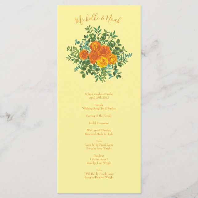 Hochzeitsprogramme für Orangenhellgelbe Rose Menükarte (Vorderseite)