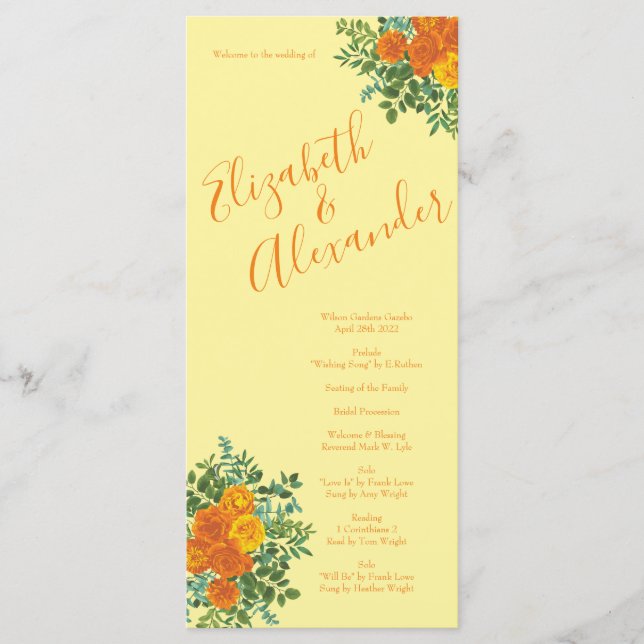 Hochzeitsprogramme für Orangenhellgelbe Rose Menükarte (Vorderseite)