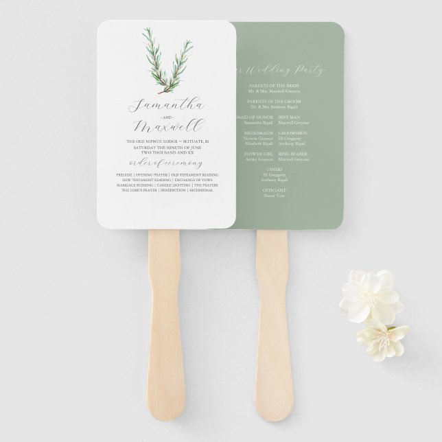 Hochzeitsprogramme für Wasserfarben Rosemary Green Fächer (Vorne und Hinten)