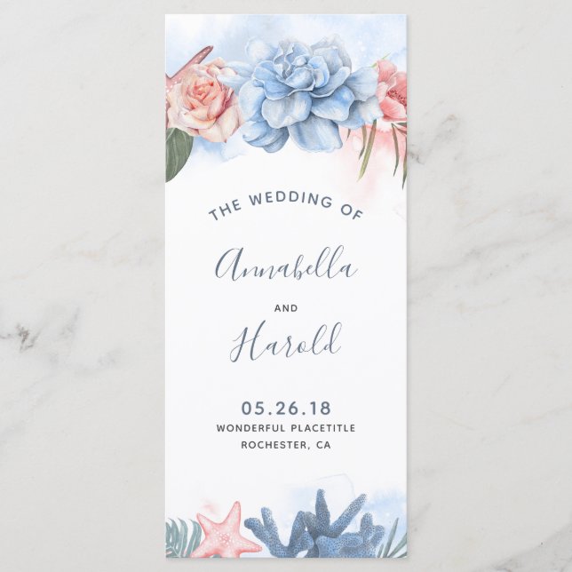 Hochzeitsprogramme in Dusty Blue und Blush Programm (Vorderseite)