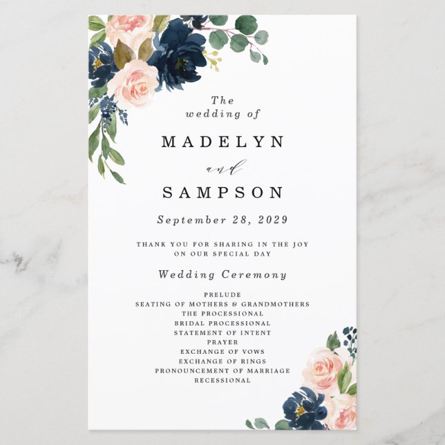 Hochzeitsprogramme in Navy Blue und Blush Pink (Vorderseite)