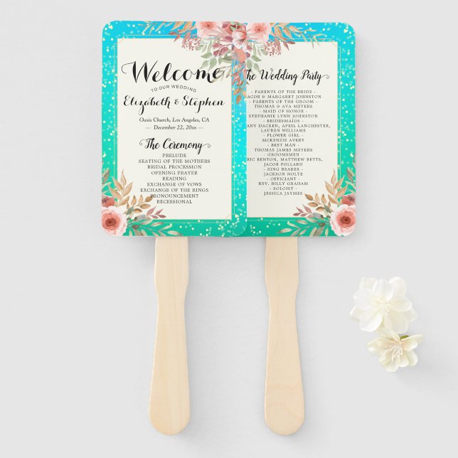 Hochzeitsprogramme Moderne rosa Aquamarine Goldpun Fächer (Vorne und Hinten)