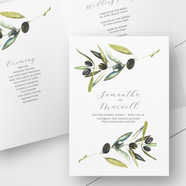 Hochzeitsprogramme Wasserfarben Olive geflochten Programm (Rustic wedding program watercolor olive branch art by Victoria Grigaliunas of Do Tell A Belle)