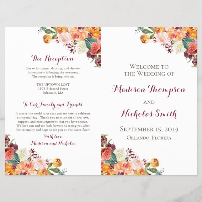 Hochzeitsprogrammhefte mit Herbstblumen, Orange Pi Flyer (Vorne)