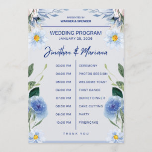 Hochzeitsprogrammkarte – Blaues florales Zeitstrah Programm