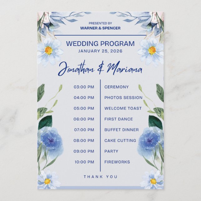 Hochzeitsprogrammkarte – Blaues florales Zeitstrah Programm (Vorderseite)