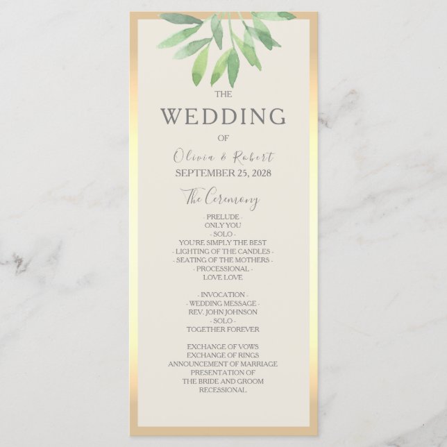 Hochzeitsprogrammkarte Greenery Gold Programm (Vorderseite)