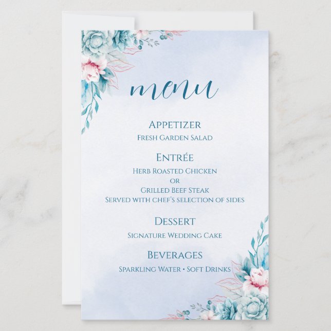 Hochzeitsprogrammkarte Türkis+Blumen+Hochzeitszere (Vorderseite)