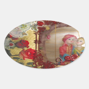 Hochzeitspuppe Portrait Grafik drucken Ovaler Aufkleber