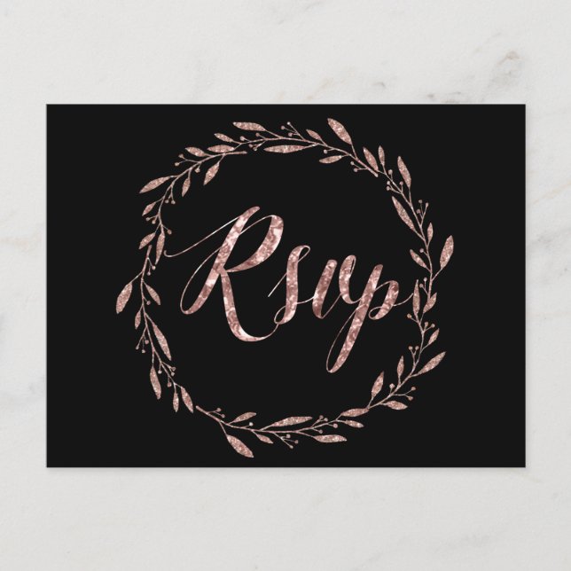 Hochzeitsrabatte Rose Gold Foil Wreath Black Einladungspostkarte (Vorderseite)