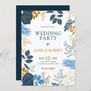 Hochzeitsrahmen für Blaue und goldene Blume Einladung