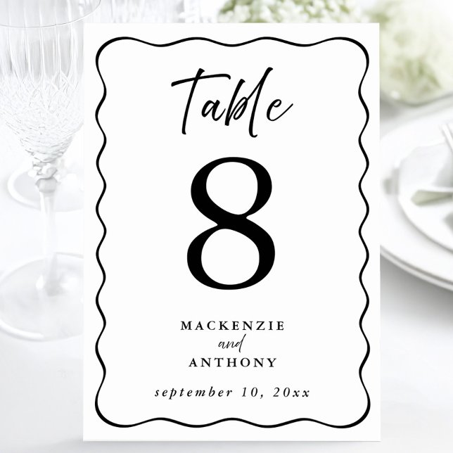 Hochzeitsrahmen handgeschriebenes Skript schwarz Tischnummer (Wedding Wavy Frame Handwritten Script Black Table Number)