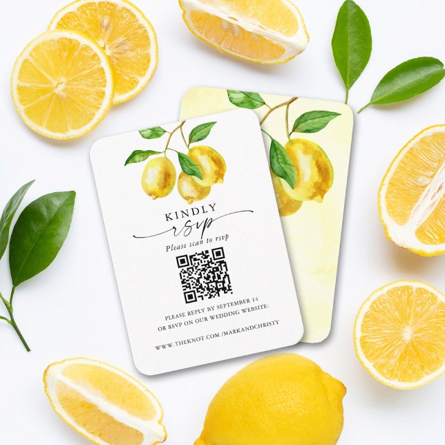 Hochzeitsraster QR-Code Lemon Citrus Begleitkarte (With a unique QR code printed on this lemon design, guests can quickly and easily RSVP.)