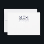 Hochzeitsratenkarte für die blaue Navy Hinweiskarte<br><div class="desc">Fügen Sie Ihrer Hochzeit eine stilvolle Touch mit dieser klassisch marineblauen Ankerhochzeitskarte und Wunschkarte hinzu. Es wurde mit einer marineblauen Ankerillustrierung konzipiert und verfügt über personalisiertes Bräunungs- und Bräutigam-Monogramm, benutzerdefinierten Text in einem navy blauen Serif-Schriftart auf weißem Hintergrund. Ideal für Hochzeiten im Wassersport oder am Strand, Babyduschen, Geburtstage, Brautpartys, Junggeselinnen-Abschiede...</div>