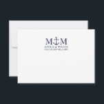 Hochzeitsratenkarte für die blaue Navy Hinweiskarte<br><div class="desc">Fügen Sie Ihrer Hochzeit eine stilvolle Touch mit dieser klassisch marineblauen Ankerhochzeitskarte und Wunschkarte hinzu. Es wurde mit einer marineblauen Ankerillustrierung konzipiert und verfügt über personalisiertes Bräunungs- und Bräutigam-Monogramm, benutzerdefinierten Text in einem navy blauen Serif-Schriftart auf weißem Hintergrund. Ideal für Hochzeiten im Wassersport oder am Strand, Babyduschen, Geburtstage, Brautpartys, Junggeselinnen-Abschiede...</div>