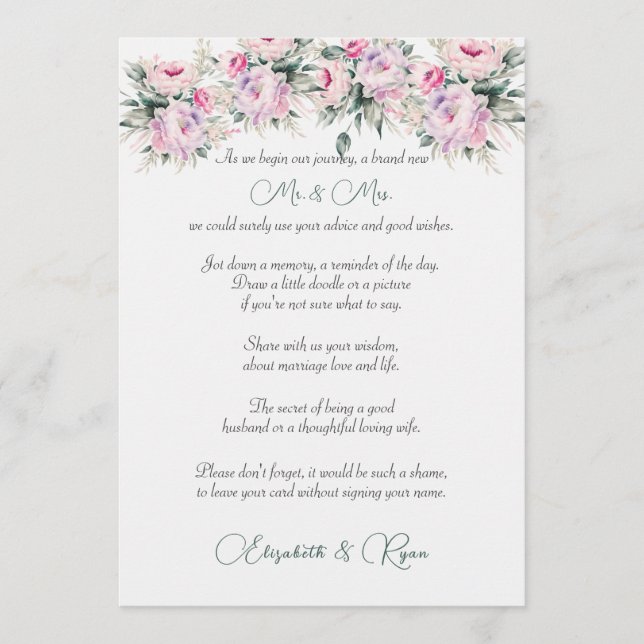 Hochzeitsratgeber wünscht Pink Peonies Hinweiskarte (Vorderseite)