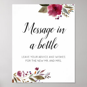 Hochzeitsratschlag Flaschenpost Burgunder Blumen Poster