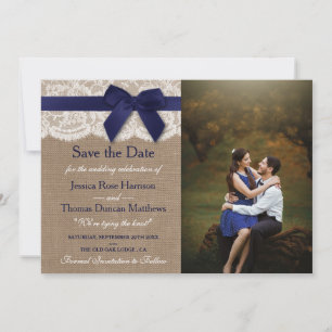 Hochzeitsreise mit dem Foto "Navy Ribbon on Burlap Save The Date