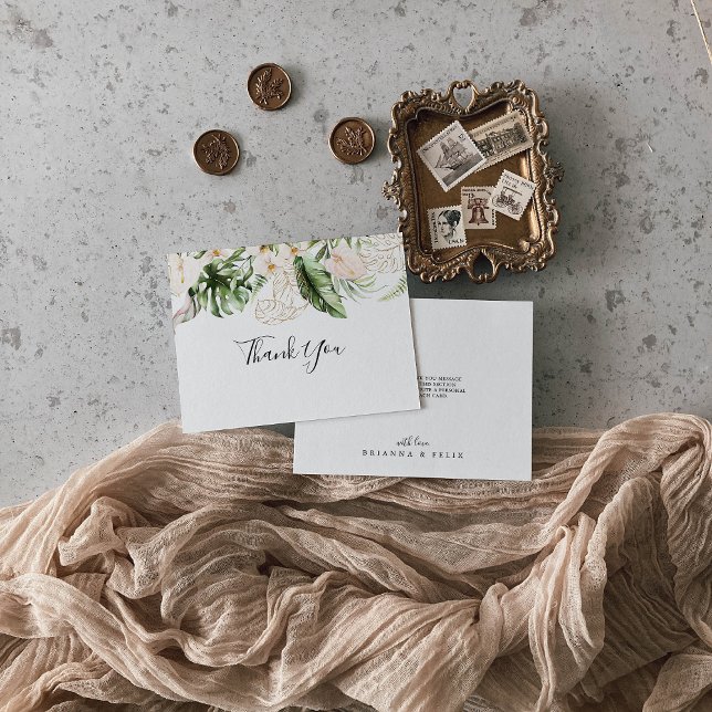 Hochzeitsreise mit tropischen Blättern Dankeskarte (Von Creator hochgeladen)