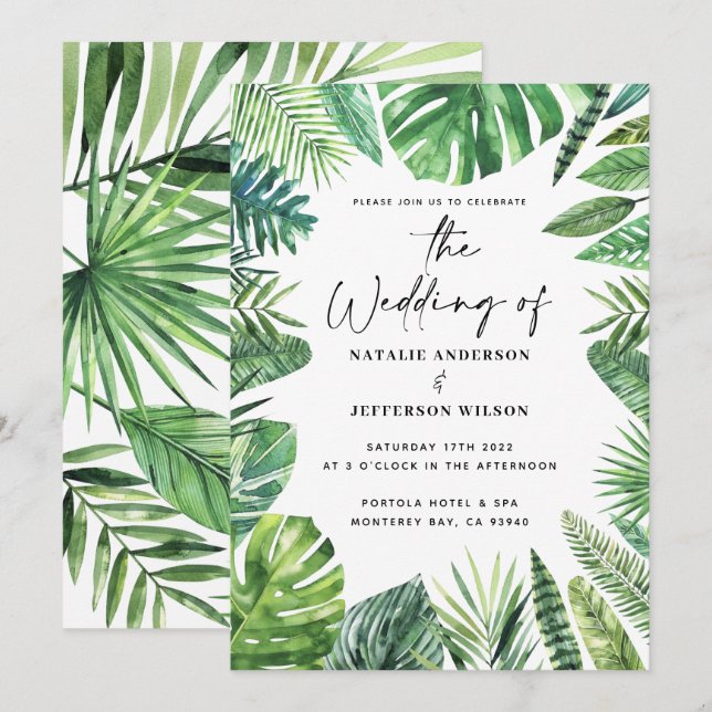 Hochzeitsreise mit tropischen Palmenblättern Save The Date (Vorne/Hinten)