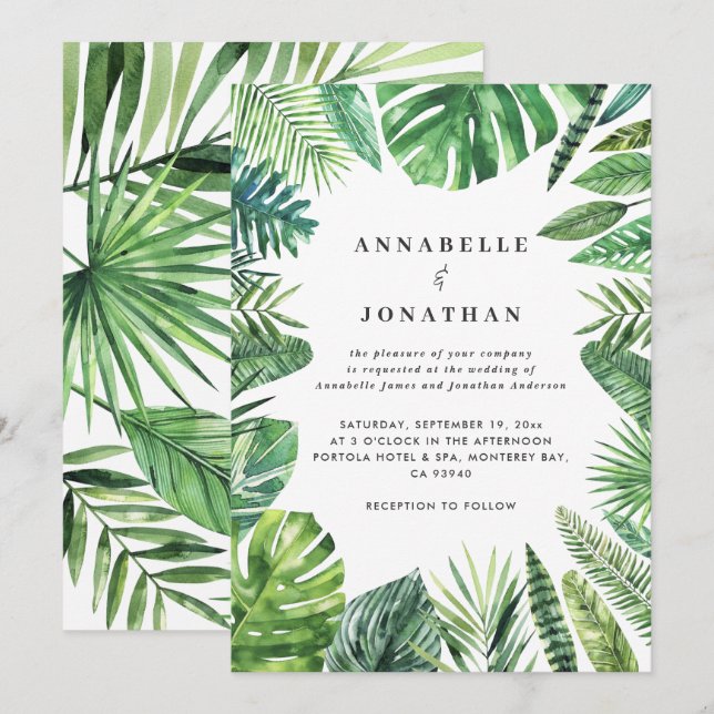 Hochzeitsreise mit tropischen Palmenblättern Save The Date (Vorne/Hinten)