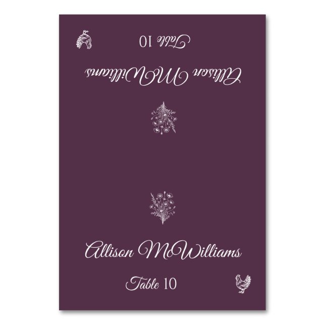 Hochzeitsreise Platzkarte-Wildblumen-Geflügel- Tis Tischnummer (Vorderseite)