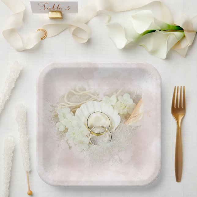 Hochzeitsrennen in Seashell und Sandherz Pappteller (Hochzeit)