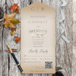 Hochzeitsrennen Moderner Tan QR Code All In One Einladung<br><div class="desc">MIT ODER OHNE QR-CODE ZUM AUSSCHLIESSEN. Dieses schlichte und dennoch elegante Design mit zwei vergoldeten Hochzeitsringen auf einem weichen, weißen, blurfarbenen Overlay auf einem bräunlichen Hintergrund ist modern. Personalisierte All-In-One-Einladungen sind eine einzigartige Kombination aus einer schön gedruckten, maßgeschneiderten Einladung und einer leicht zu abreißenden perforierten UAWG-Postkarte. Und sie sind so...</div>