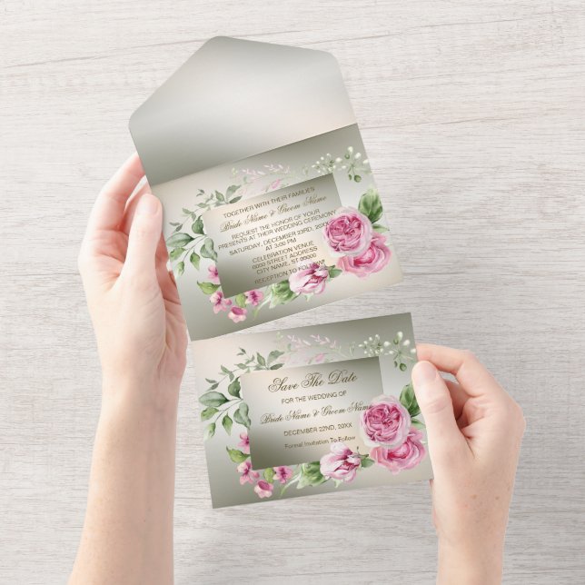 Hochzeitsrosa Blumenrahmen Aquarellfarben Shiny Br All In One Einladung (Abreißen)