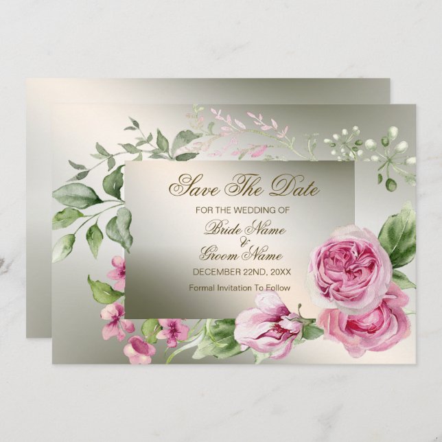 Hochzeitsrosa Blumenrahmen Aquarellfarben Shiny Br Save The Date (Vorne/Hinten)