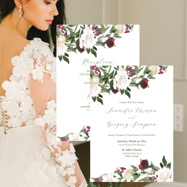 Hochzeitsrosen in Weiß mit Cranberry Einladung (Wedding Watercolor White Roses with Cranberry Elegant Invitation)